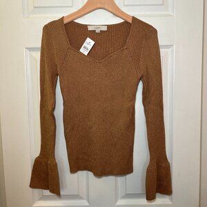 LOFT NWT Ribbed Knit Sweater, Sweetheart Neckline, Flared Cuffs in Gold, Size XS
